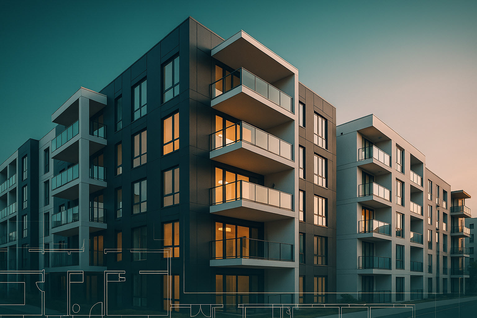 Modern apartment building at dusk